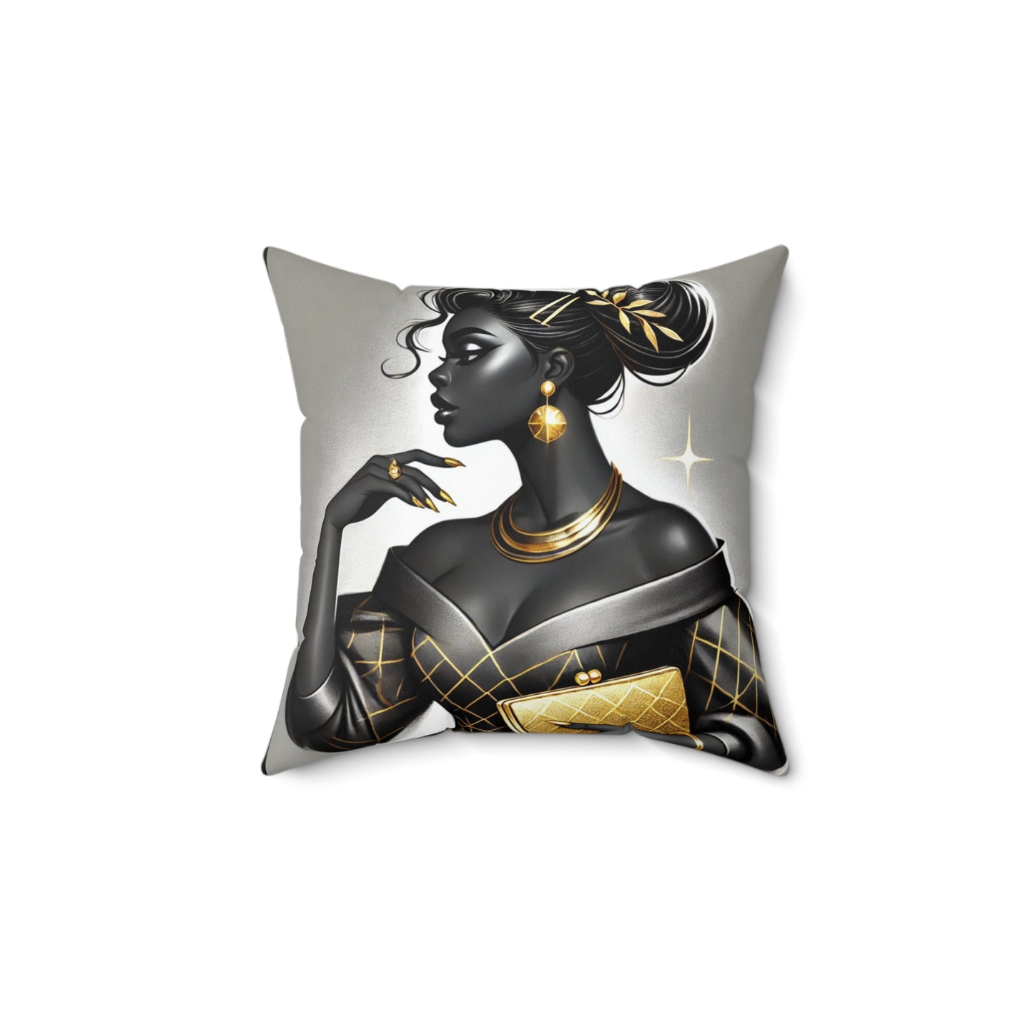 An elegant artistic depiction of a sophisticated woman with a dark complexion in a side profile view. She wears a stylish off-shoulder gown with golden geometric accents, complemented by luxurious gold accessories including layered necklaces, a ring, and earrings. Her hair is styled in a sleek updo adorned with golden embellishments, while she gracefully holds a matching golden clutch. The composition exudes glamour and confidence against a soft, gradient background."