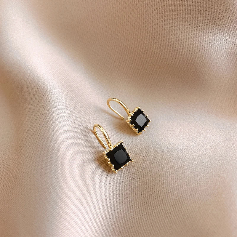 "Obega Gold-Plated Square Crystal Earrings - Clear & Black Crystal Fish Hook Design for Women