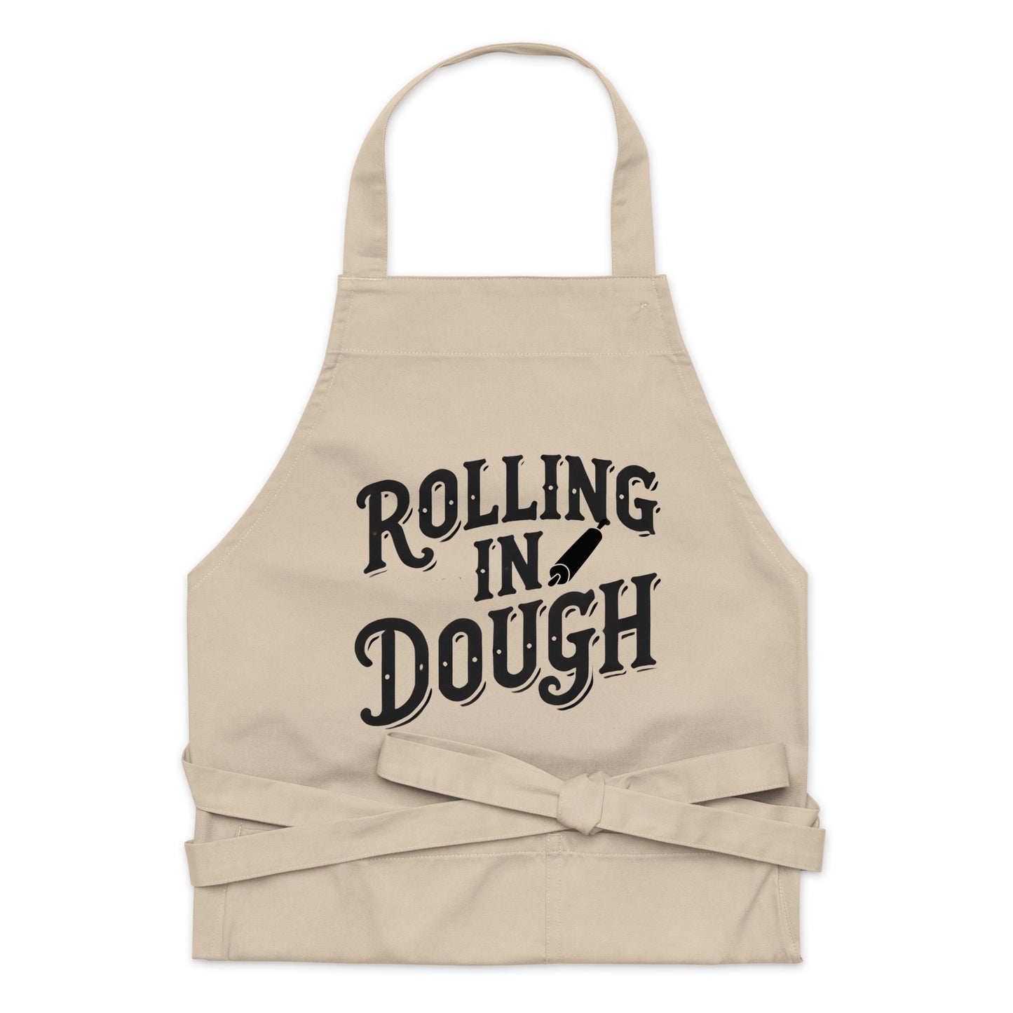 "100% organic cotton apron with adjustable straps, a large front pocket featuring two compartments, and a durable fabric weight of 7.08 oz/yd² (240 g/m²). perfect for protecting against spills and dirt while cooking in style."
