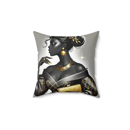 An elegant artistic depiction of a sophisticated woman with a dark complexion in a side profile view. She wears a stylish off-shoulder gown with golden geometric accents, complemented by luxurious gold accessories including layered necklaces, a ring, and earrings. Her hair is styled in a sleek updo adorned with golden embellishments, while she gracefully holds a matching golden clutch. The composition exudes glamour and confidence against a soft, gradient background."







