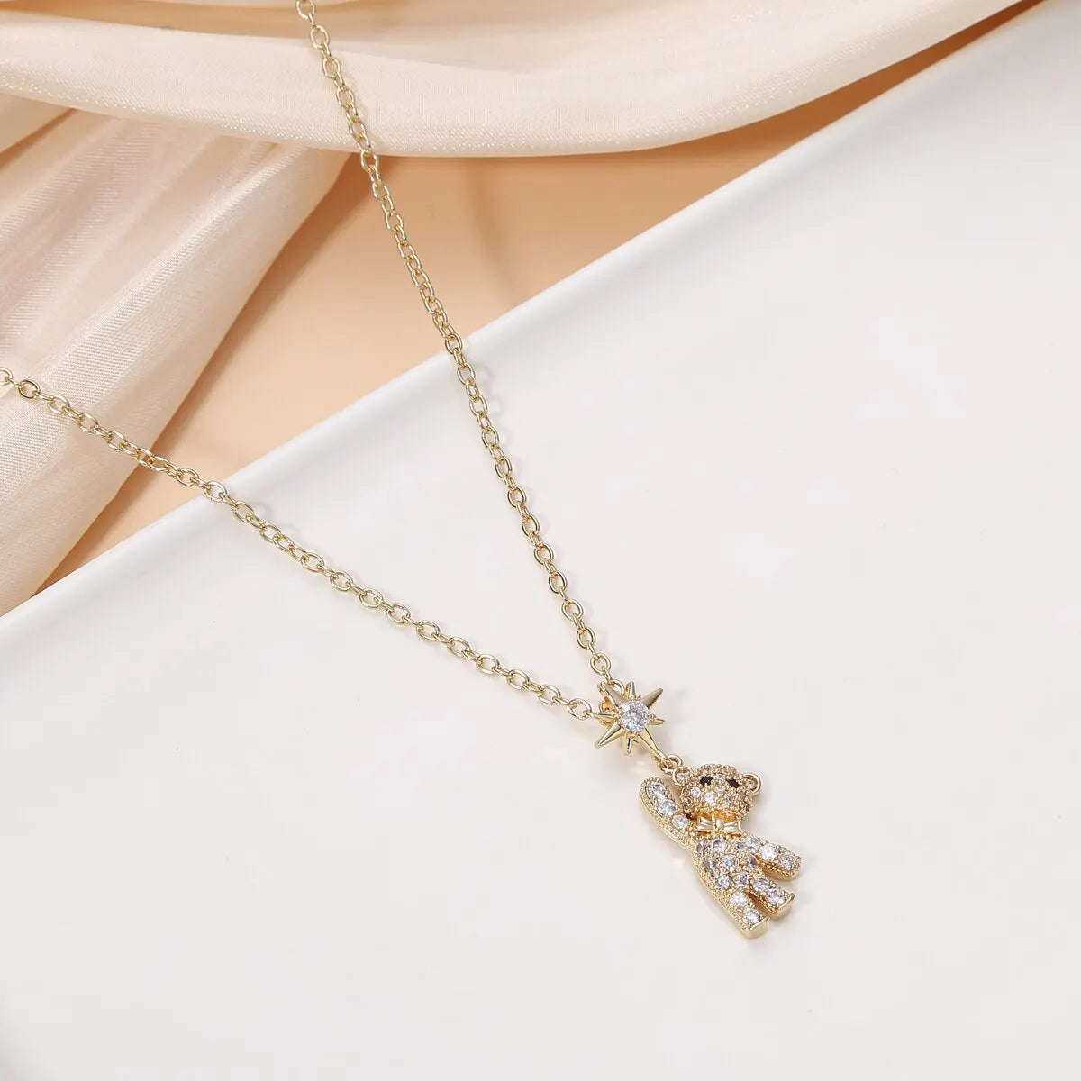 Cute Bear Pendant Necklace for Women - Gold Neck Chain with Cubic Zirconia Inlay