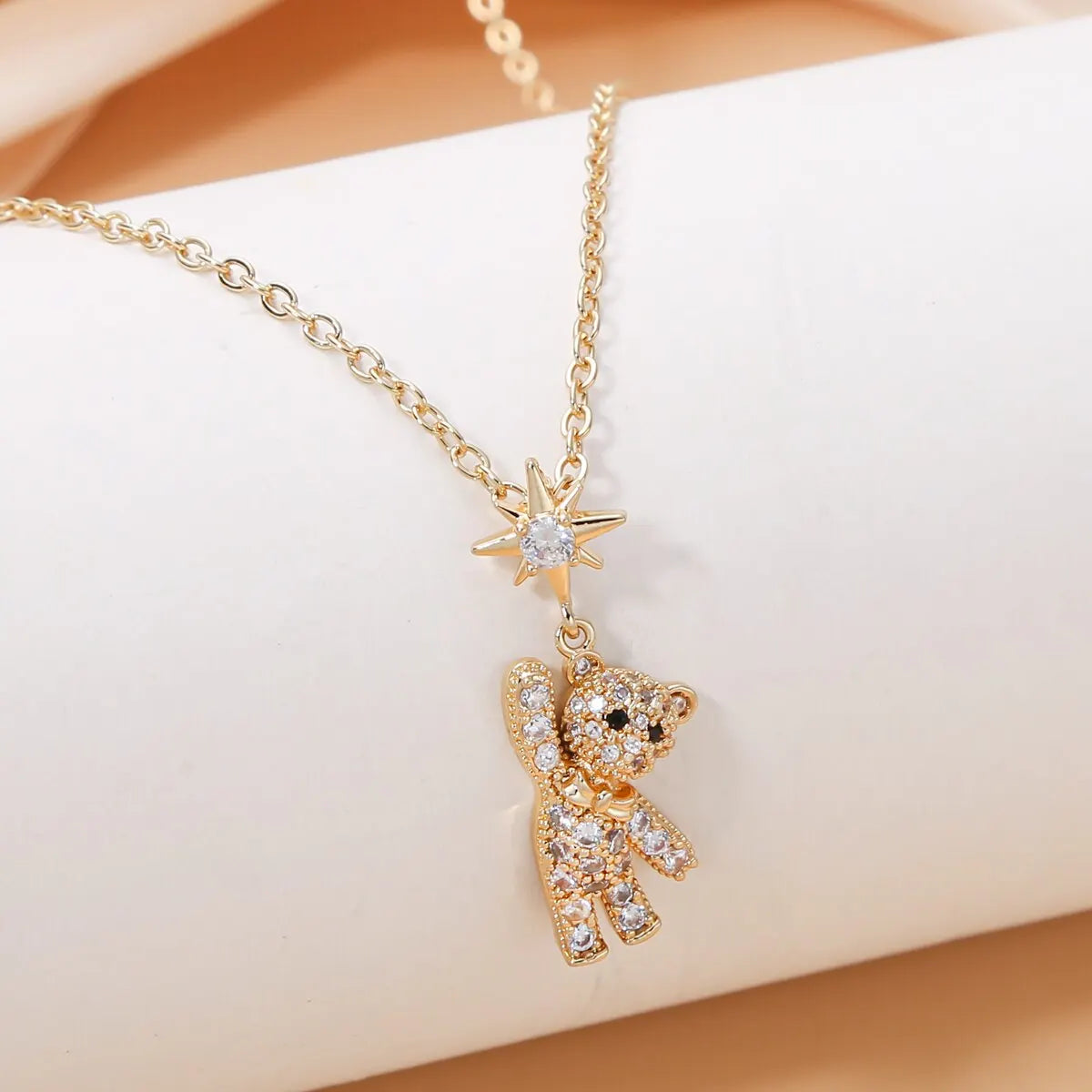 Cute Bear Pendant Necklace for Women - Gold Neck Chain with Cubic Zirconia Inlay