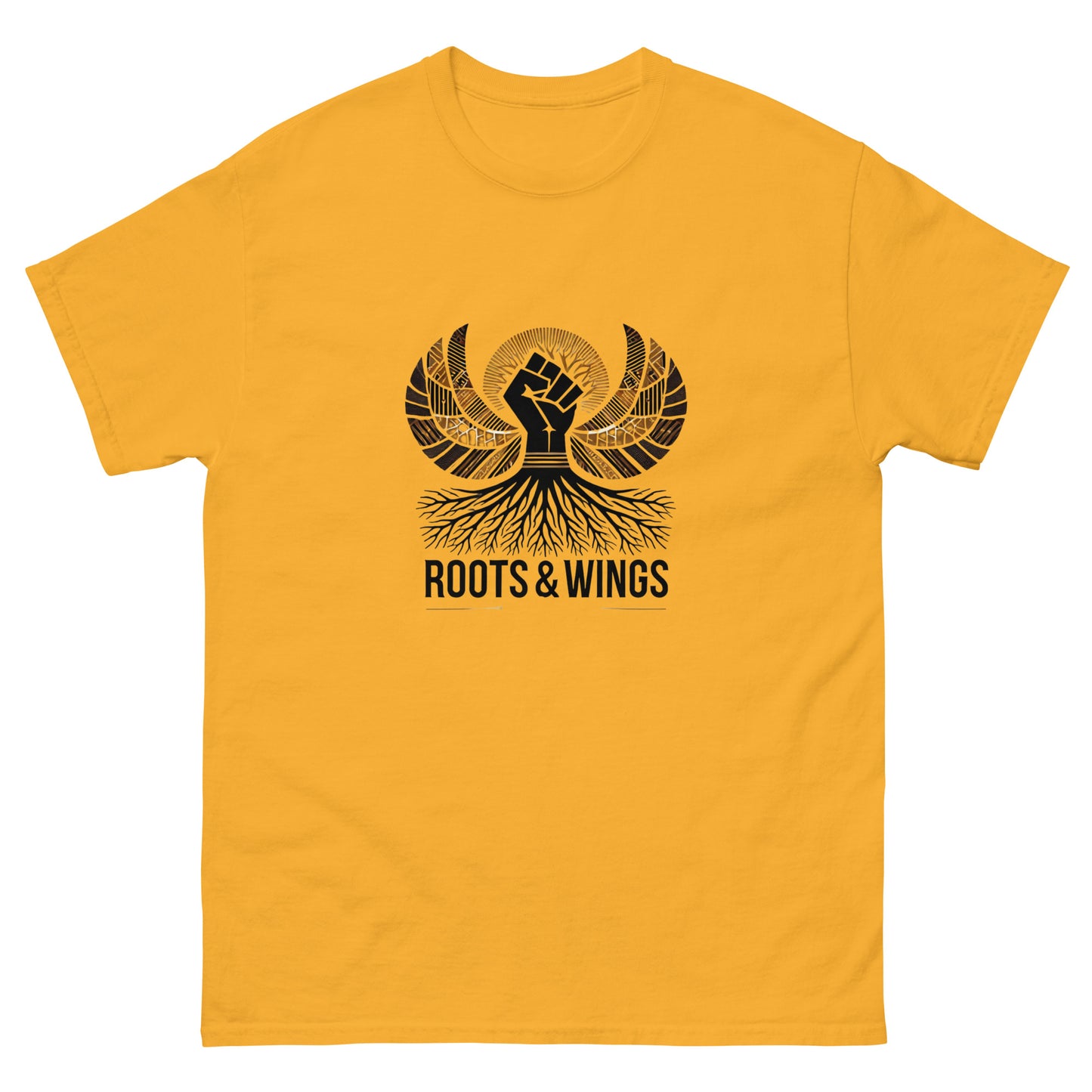 A t-shirt featuring a striking Afrocentric design with a raised black fist at its center, symbolizing strength and empowerment. The fist is surrounded by intricate golden wings resembling a radiant sunburst, incorporating geometric African patterns. Beneath the fist, bold black tree roots spread outward, emphasizing a connection to heritage and growth. The words 'ROOTS & WINGS' are prominently displayed in bold black lettering below the design, capturing themes of resilience and upliftment. The background i