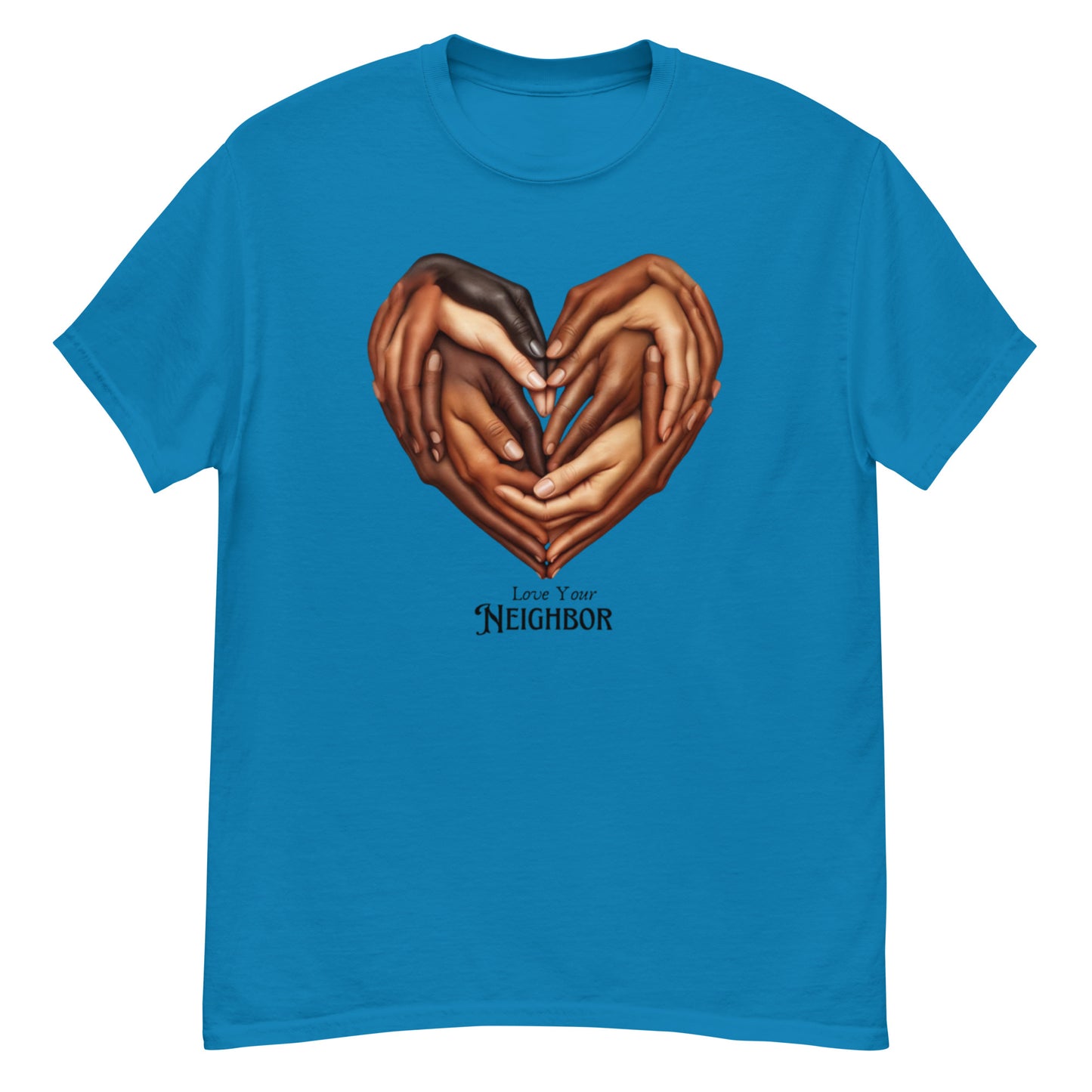 A heart shape formed by multiple hands of diverse skin tones gently interlocking, symbolizing unity, love, and inclusion. Below the heart, the words "Love Your Neighbor" are written in bold, elegant typography, emphasizing a message of compassion, equality, and solidarity.