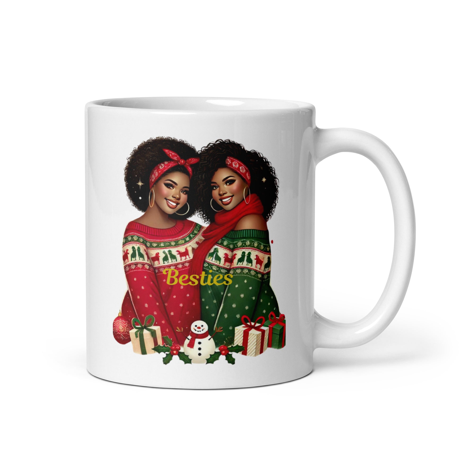 White ceramic mug featuring two smiling Black women with curly hair, wearing festive red and green Christmas sweaters labeled "Besties." The design includes holiday elements like wrapped gifts, a snowman, holly, and bows, creating a joyful and celebratory theme perfect for the holiday season.